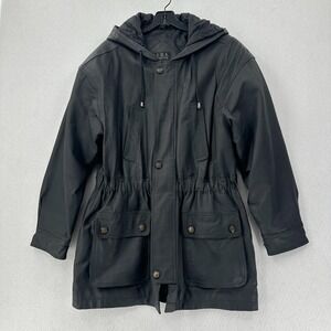 VTG‎ NYDA Leather Jacket Chore Barn Bomber MEDIUM Black Cinch Waist Pockets Hood